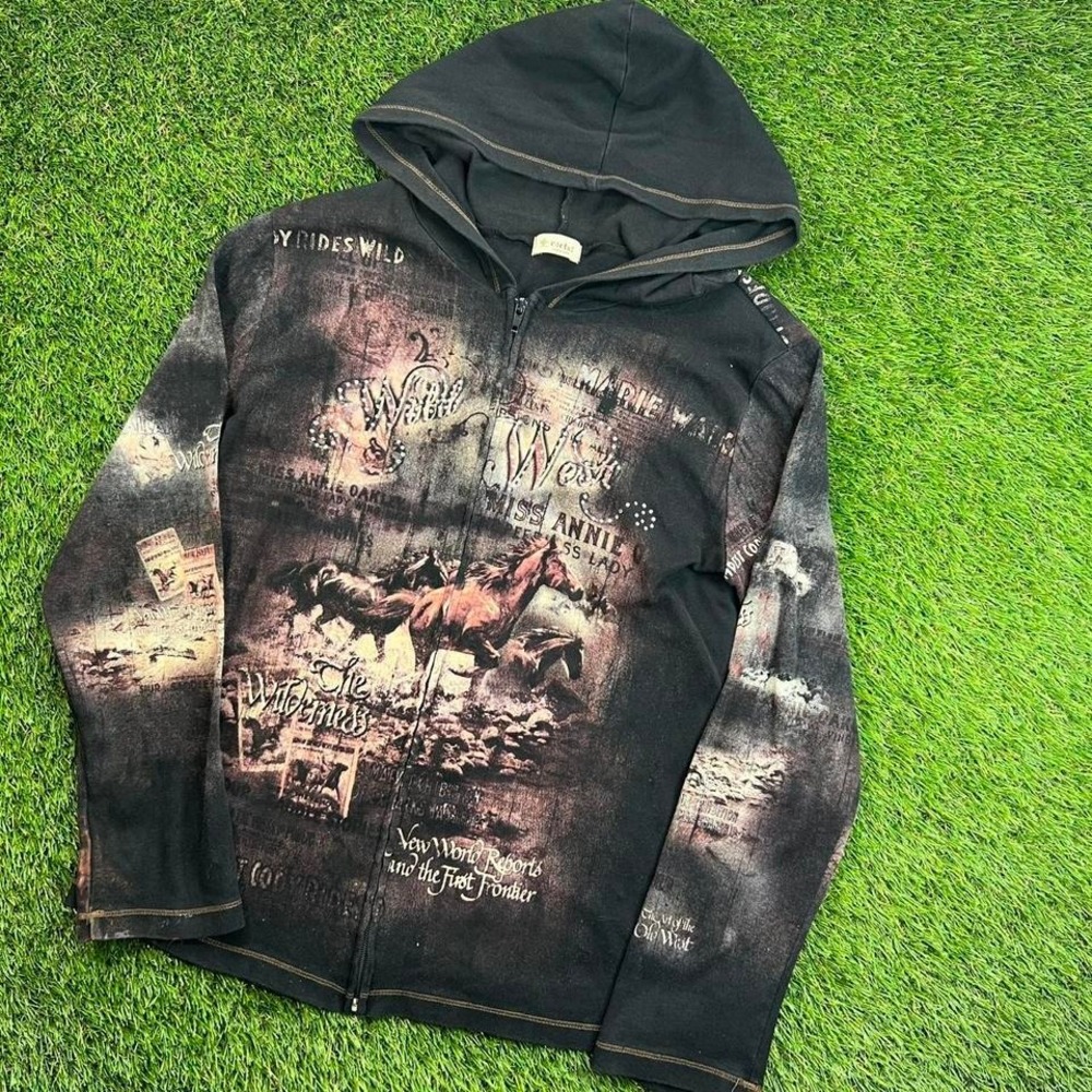 Cactus Wild West Full Print Zip Up Hoodie Grunge Cowboy Graphic Medium
